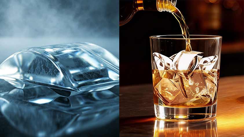 Clear crescent ice cubes in whiskey glass showing premium presentation