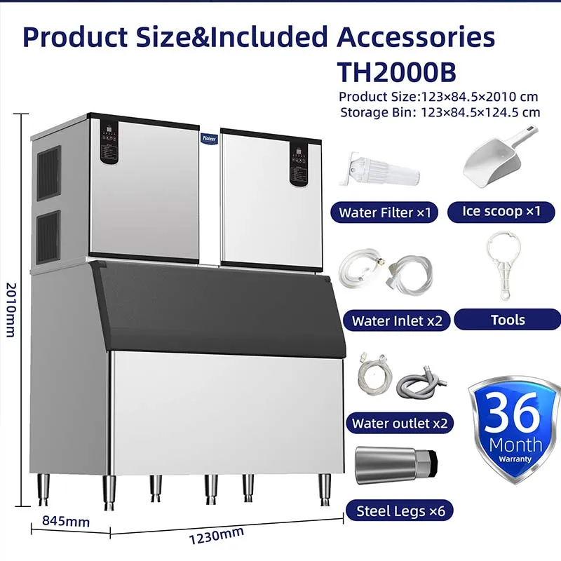 TH‑2000B Cube Ice Machine – 2000 lb Commercial Ice Cube Maker