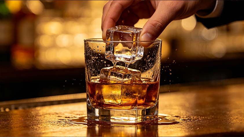 Bartender placing a clear full cube ice into a glass of whiskey, demonstrating the best commercial ice for whiskey service.