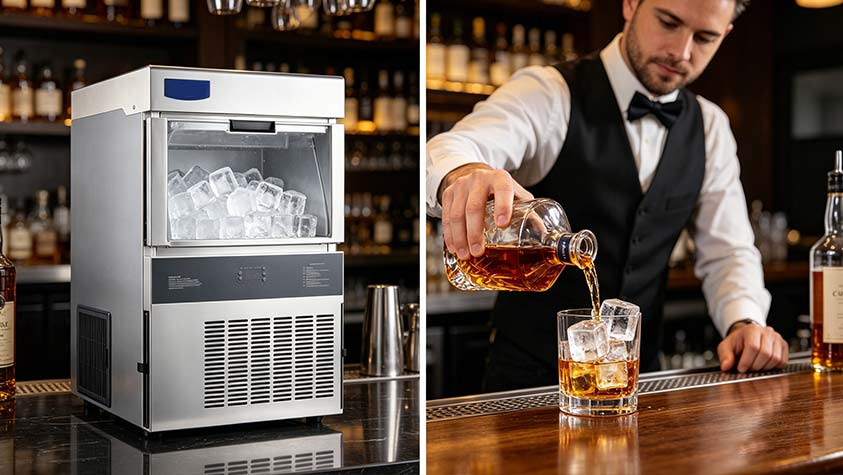 Commercial bar ice machine for whiskey, showing a stainless steel full cube ice maker in a modern bar setting