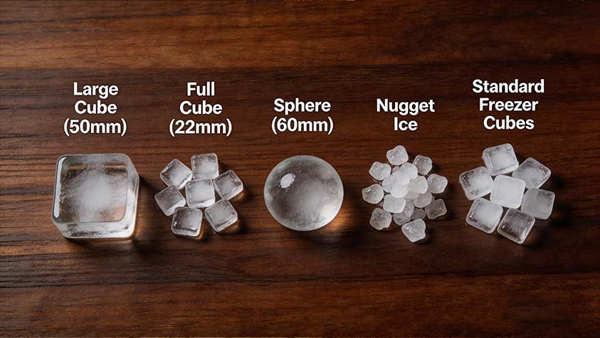 Five different types of whiskey ice cubes compared side by side, including large cube, full cube, sphere, nugget ice, and regular cubes.