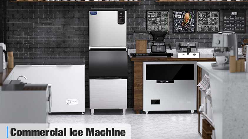 Restaurant worker scooping ice from commercial Naixer ice machine during dinner rush