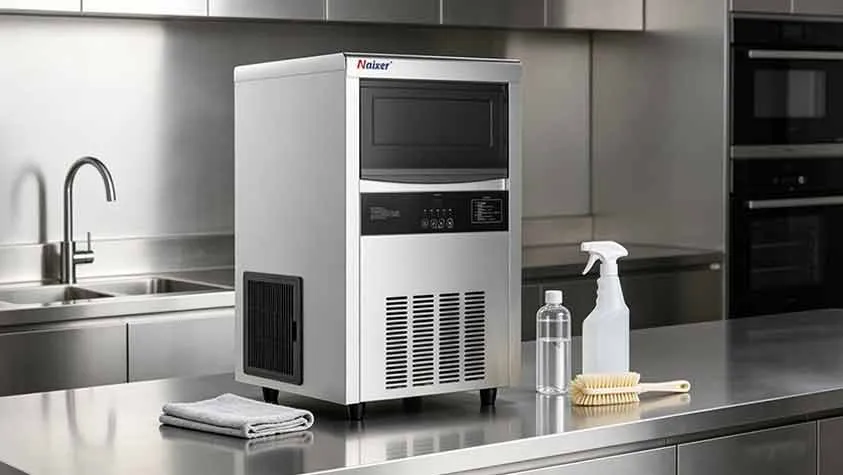 Naixer TH-80B commercial ice machine with cleaning supplies ready for maintenance.