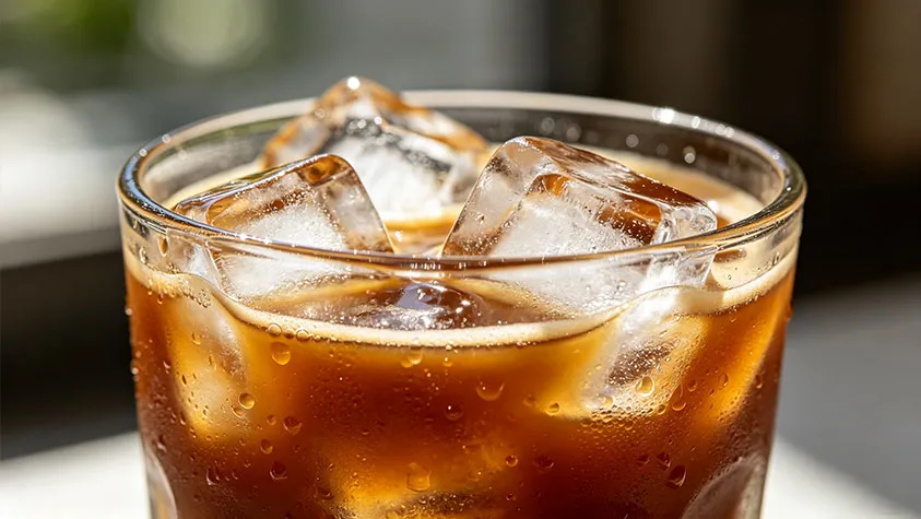 Best ice for iced coffee — crystal-clear full cube ice in a glass of cold brew