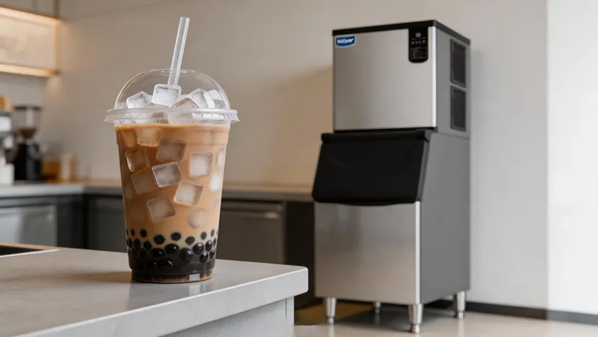 Crystal-clear cube ice in a bubble tea drink at a professional bubble tea shop with Naixer ice machine