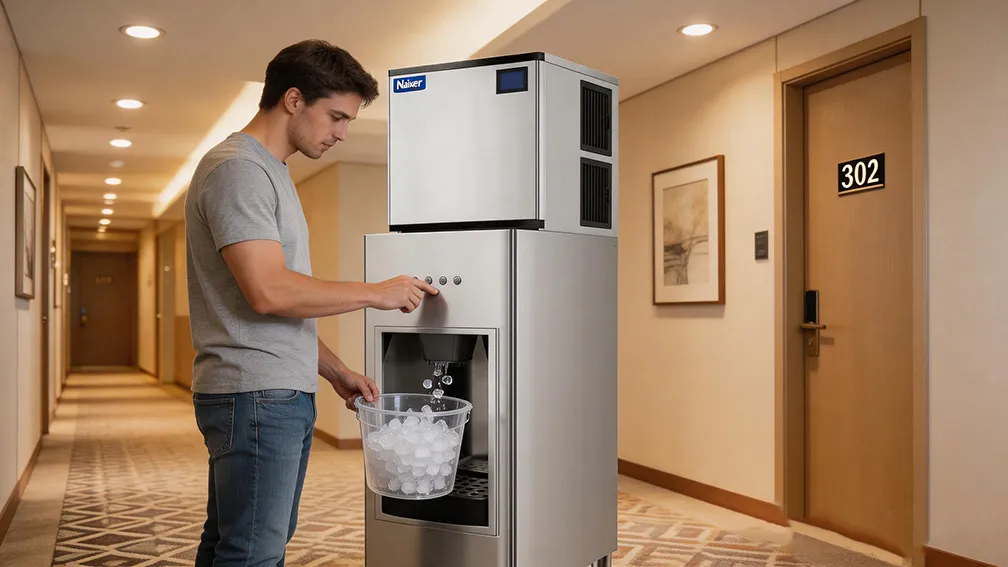 Hotel guest using Naixer ice dispenser in a clean, well-lit hotel corridor