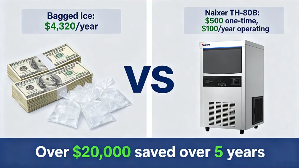 ROI comparison infographic buying bagged ice vs investing in a Naixer undercounter commercial ice maker