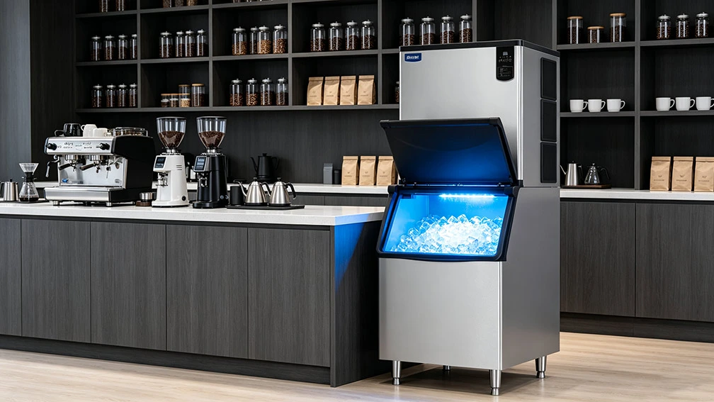 Naixer TH-1000B 1000 pound self-contained commercial ice machine in a busy hotel kitchen